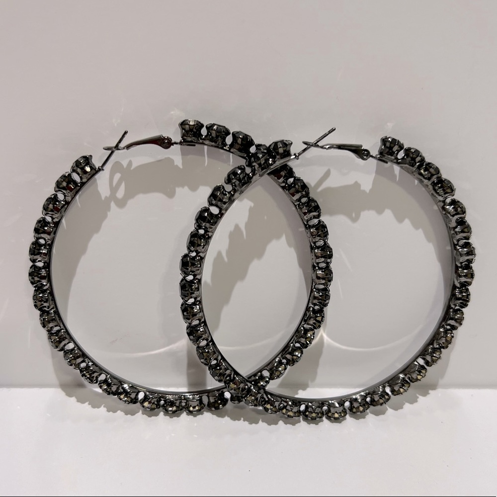 Black Rhinestone 3” Hoop Earrings